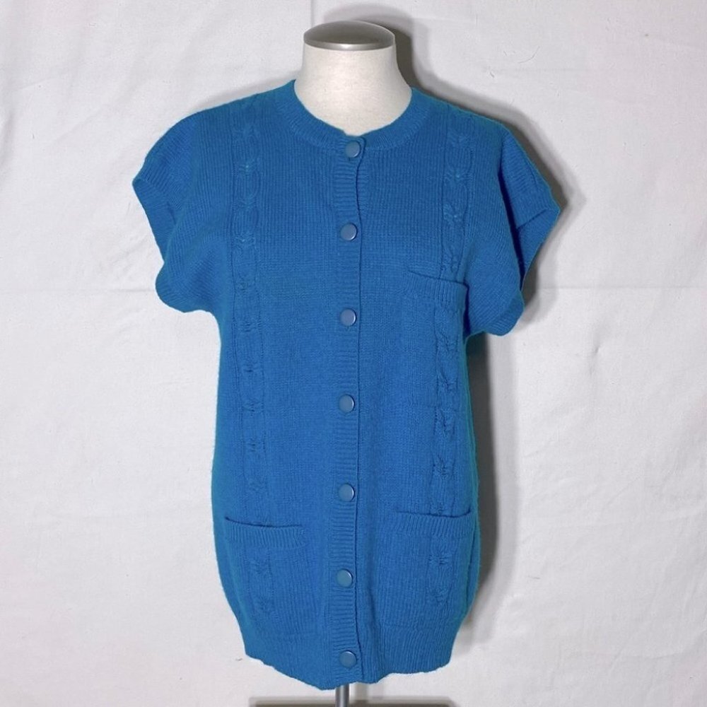 Vintage The Bay Turquoise Virgin Wool Knit Short Sleeve Button Front Cardigan M